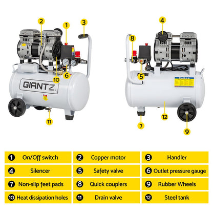 Giantz 24L Air Compressor Quiet 0.75HP Oil-Free Portable Tyre Inflator 40L/Min - Image 4