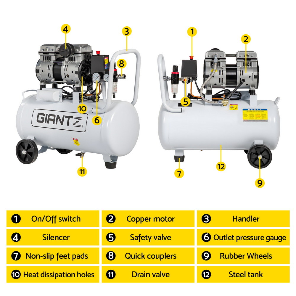 Giantz 30L Air Compressor Quiet 0.75HP Oil-Free Portable Tyre Inflator 40L/Min - Image 4