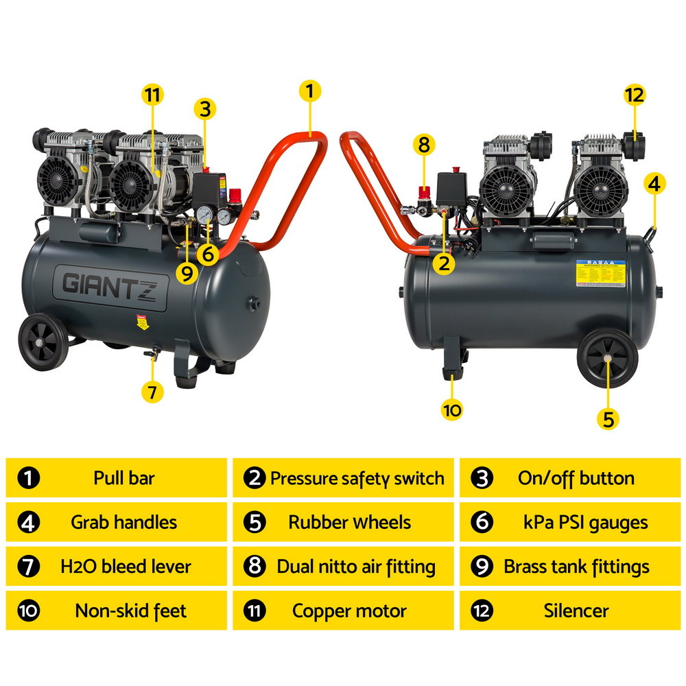 Giantz 50L Air Compressor Quiet 3.0HP Oil-Free Portable Tyre Inflator 200L/Min - Image 4