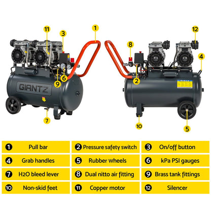Giantz 50L Air Compressor Quiet 3.0HP Oil-Free Portable Tyre Inflator 200L/Min - Image 4