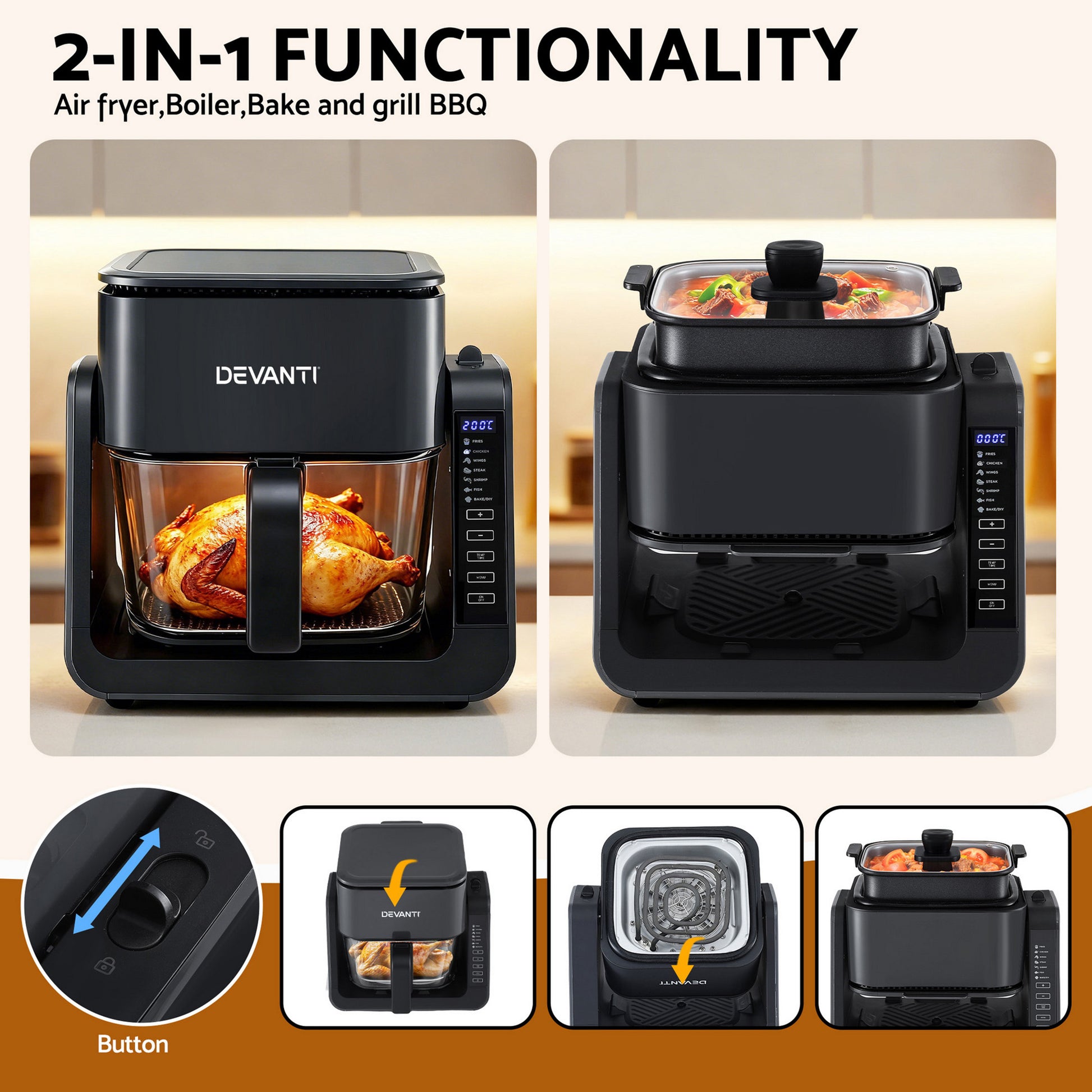 Devanti 2-IN-1 Air Fryer 5.5L Dual Zone Fryers Electric Cooker with Top BBQ Grill & Bot - Image 4