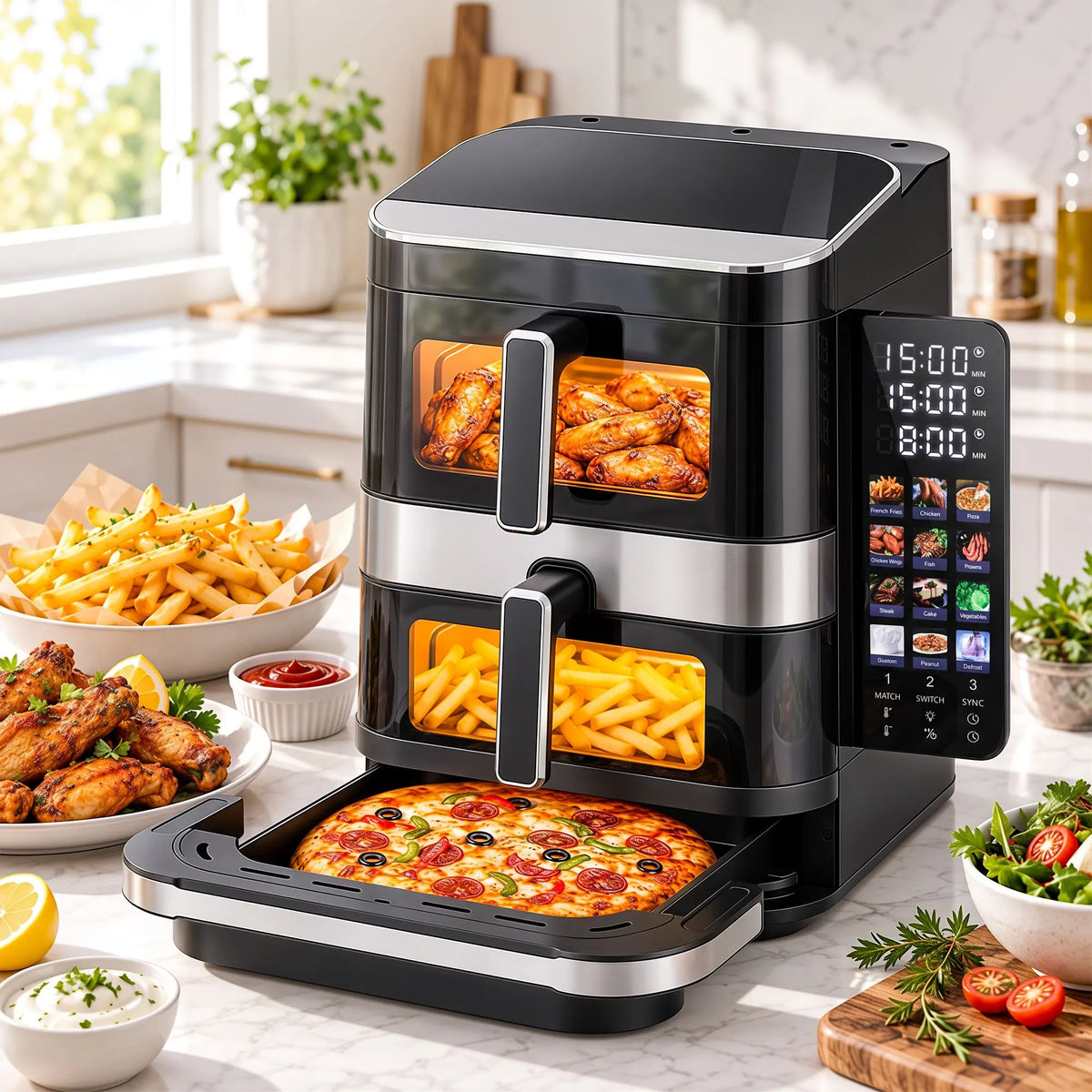 Devanti 12L Air Fryer Dual Basket Stacked 10 Inch Pizza Maker 2800W Touch Black