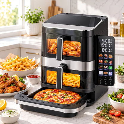 Devanti 12L Air Fryer Dual Basket Stacked 10 Inch Pizza Maker 2800W Touch Black