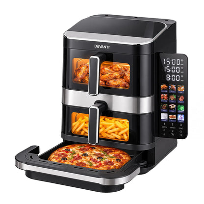 Devanti 12L Air Fryer Dual Basket Stacked 10 Inch Pizza Maker 2800W Touch Black  - Image 2
