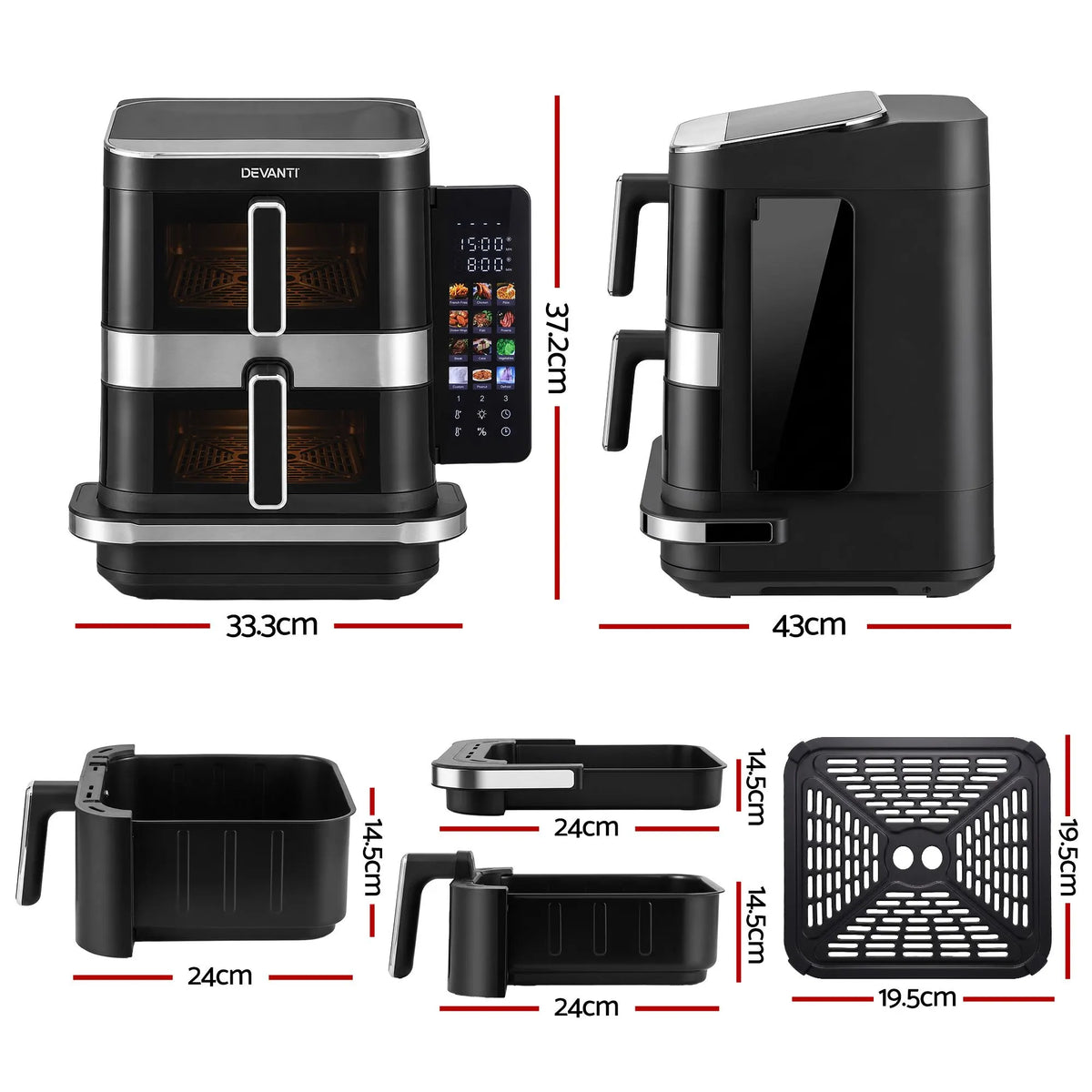 Devanti 12L Air Fryer Dual Basket Stacked 10 Inch Pizza Maker 2800W Touch Black  - Image 3