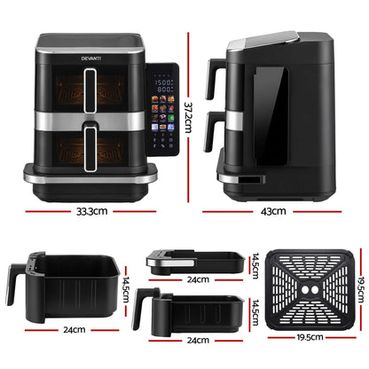 Devanti 12L Air Fryer Dual Basket Stacked 10 Inch Pizza Maker 2800W Touch Black  - Image 3