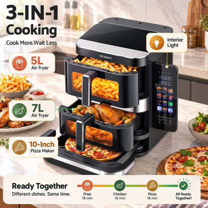 Devanti 12L Air Fryer Dual Basket Stacked 10 Inch Pizza Maker 2800W Touch Black  - Image 5