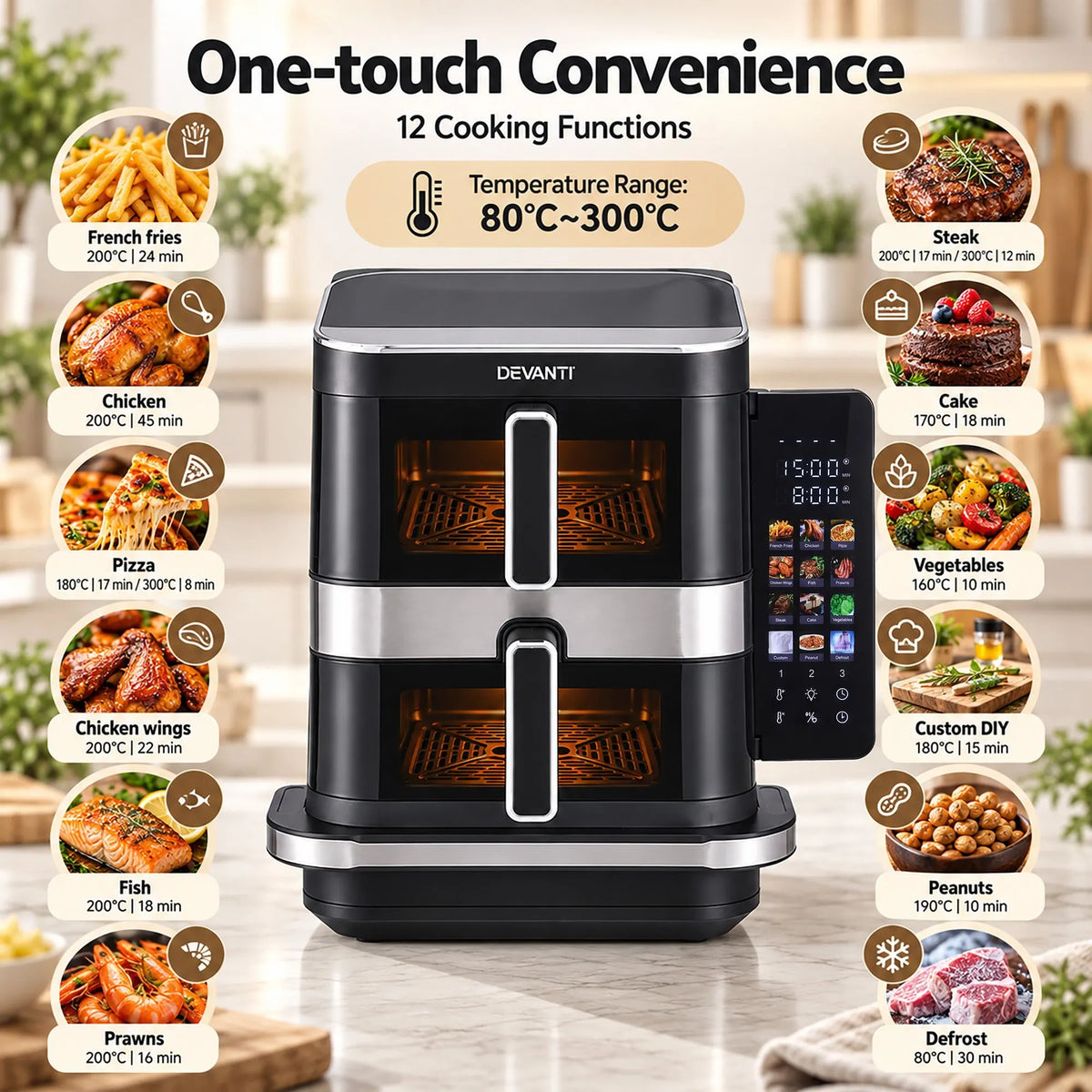 Devanti 12L Air Fryer Dual Basket Stacked 10 Inch Pizza Maker 2800W Touch Black  - Image 7