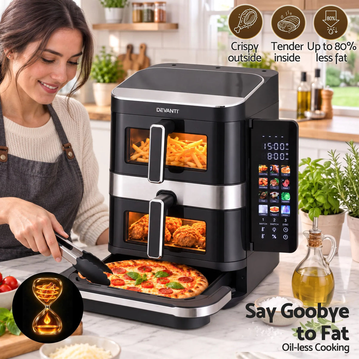 Devanti 12L Air Fryer Dual Basket Stacked 10 Inch Pizza Maker 2800W Touch Black  - Image 8