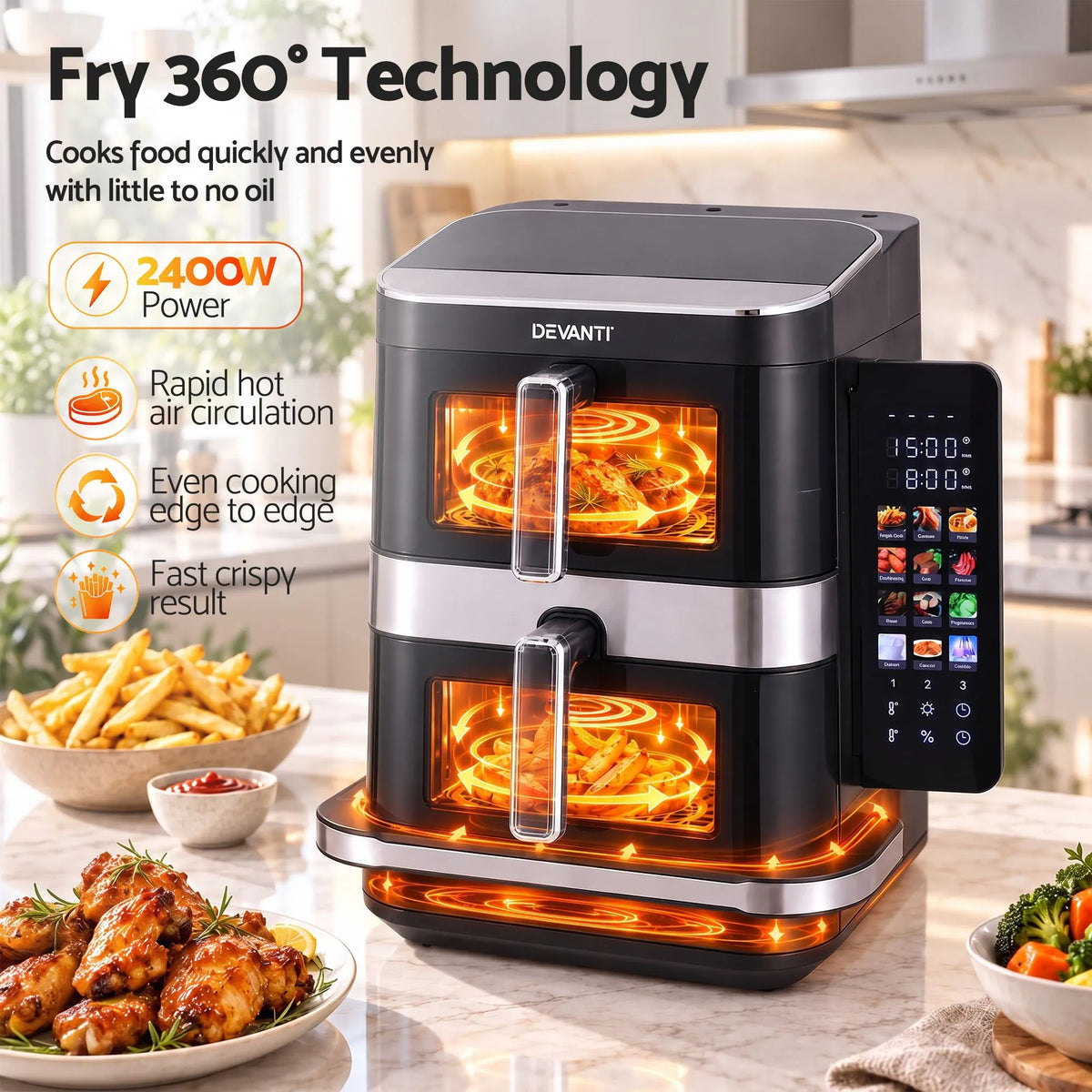 Devanti 12L Air Fryer Dual Basket Stacked 10 Inch Pizza Maker 2800W Touch Black  - Image 9