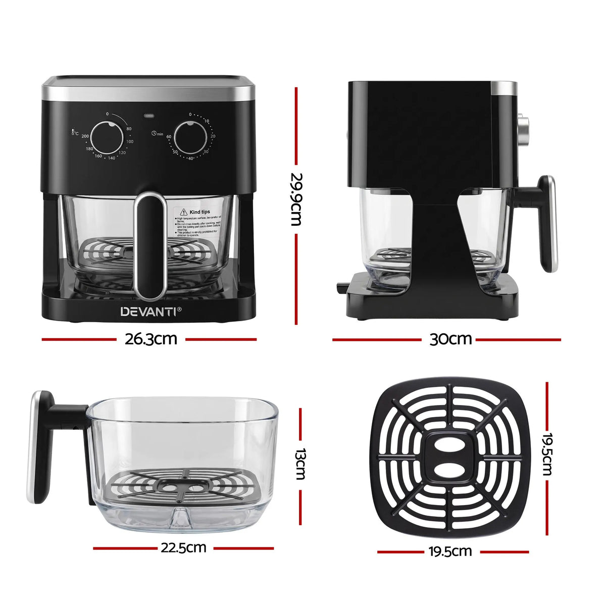Devanti 4.5L Glass Air Fryer Kitchen Oven Knob Control 1350W Healthy Cooker Black - Image 2