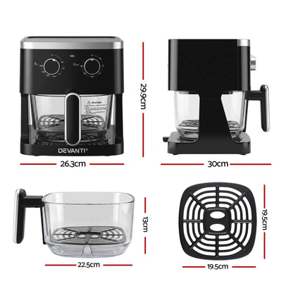 Devanti 4.5L Glass Air Fryer Kitchen Oven Knob Control 1350W Healthy Cooker Black - Image 2