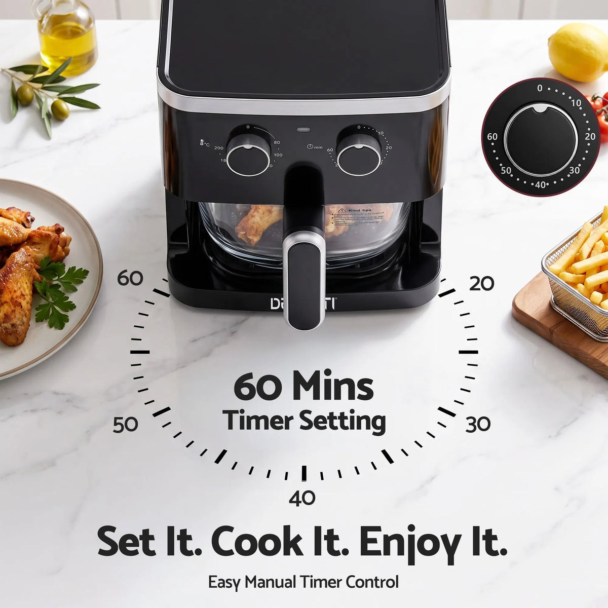 Devanti 4.5L Glass Air Fryer Kitchen Oven Knob Control 1350W Healthy Cooker Black - Image 5