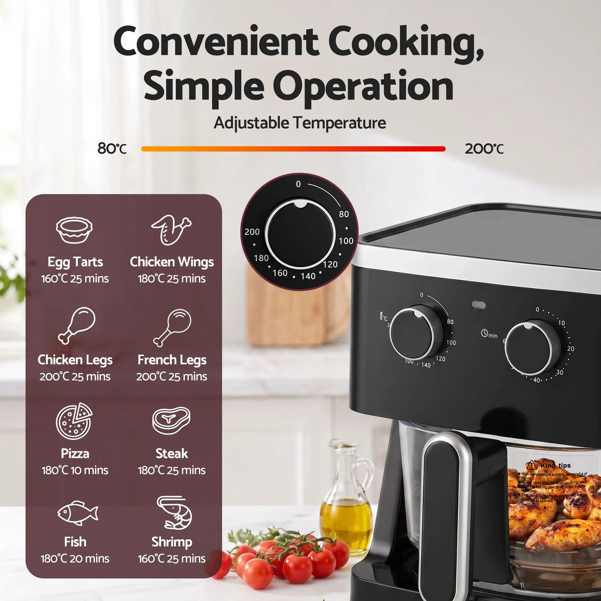 Devanti 4.5L Glass Air Fryer Kitchen Oven Knob Control 1350W Healthy Cooker Black - Image 6