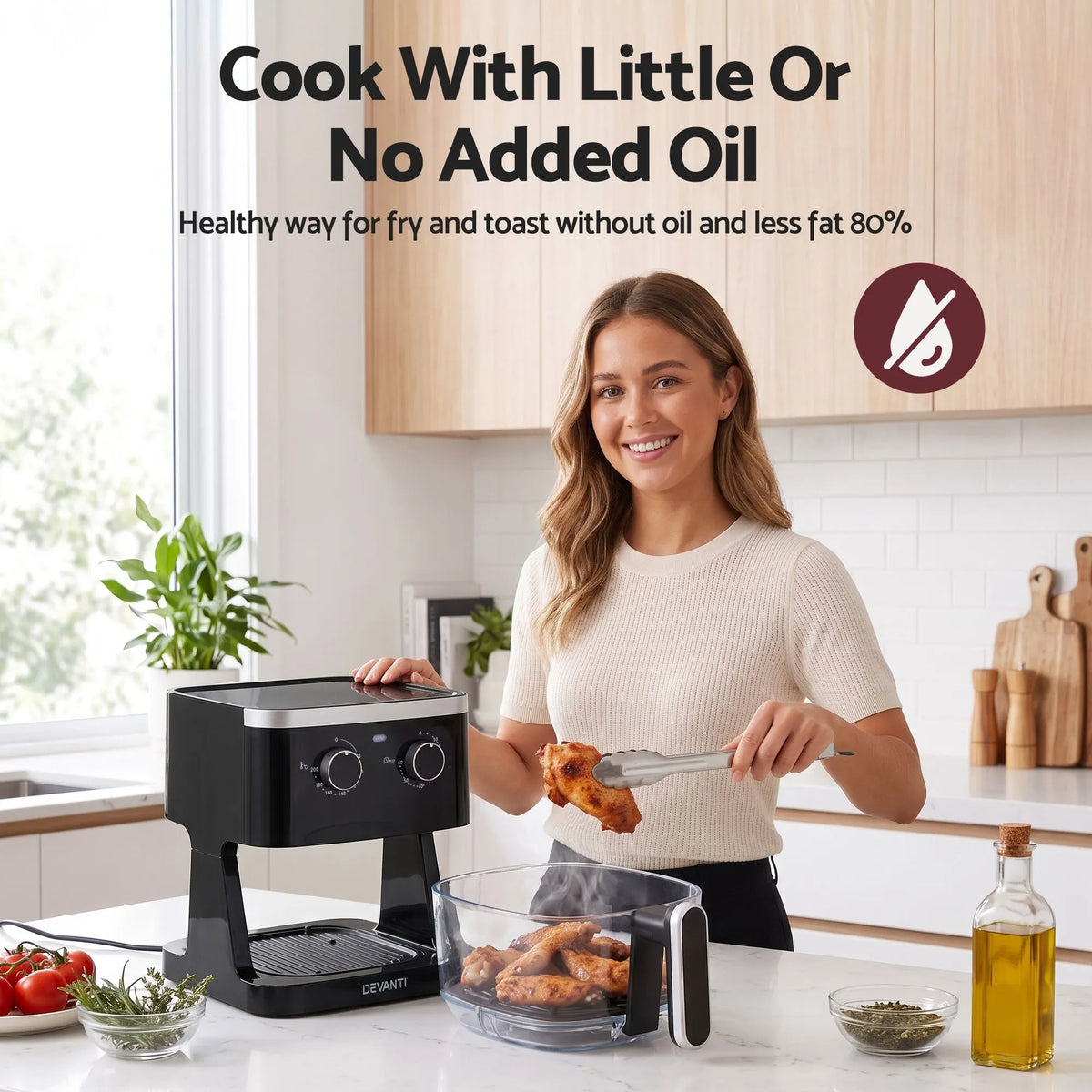 Devanti 4.5L Glass Air Fryer Kitchen Oven Knob Control 1350W Healthy Cooker Black - Image 7