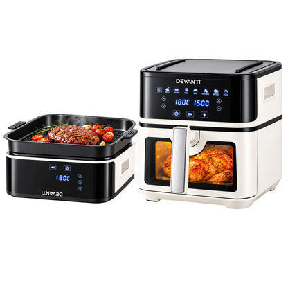 Devanti 8L Air Fryer BBQ Grill 2-in-1 Flip 1650W Touch Control Oil Free White - Image 2