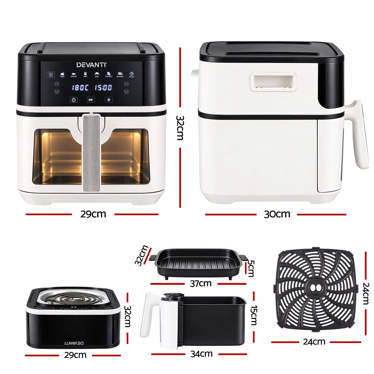 Devanti 8L Air Fryer BBQ Grill 2-in-1 Flip 1650W Touch Control Oil Free White - Image 3