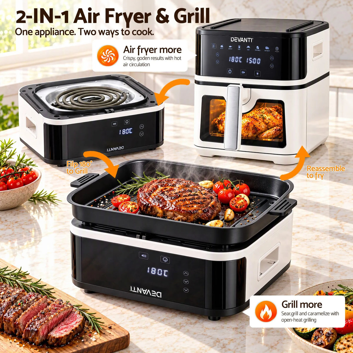 Devanti 8L Air Fryer BBQ Grill 2-in-1 Flip 1650W Touch Control Oil Free White - Image 5