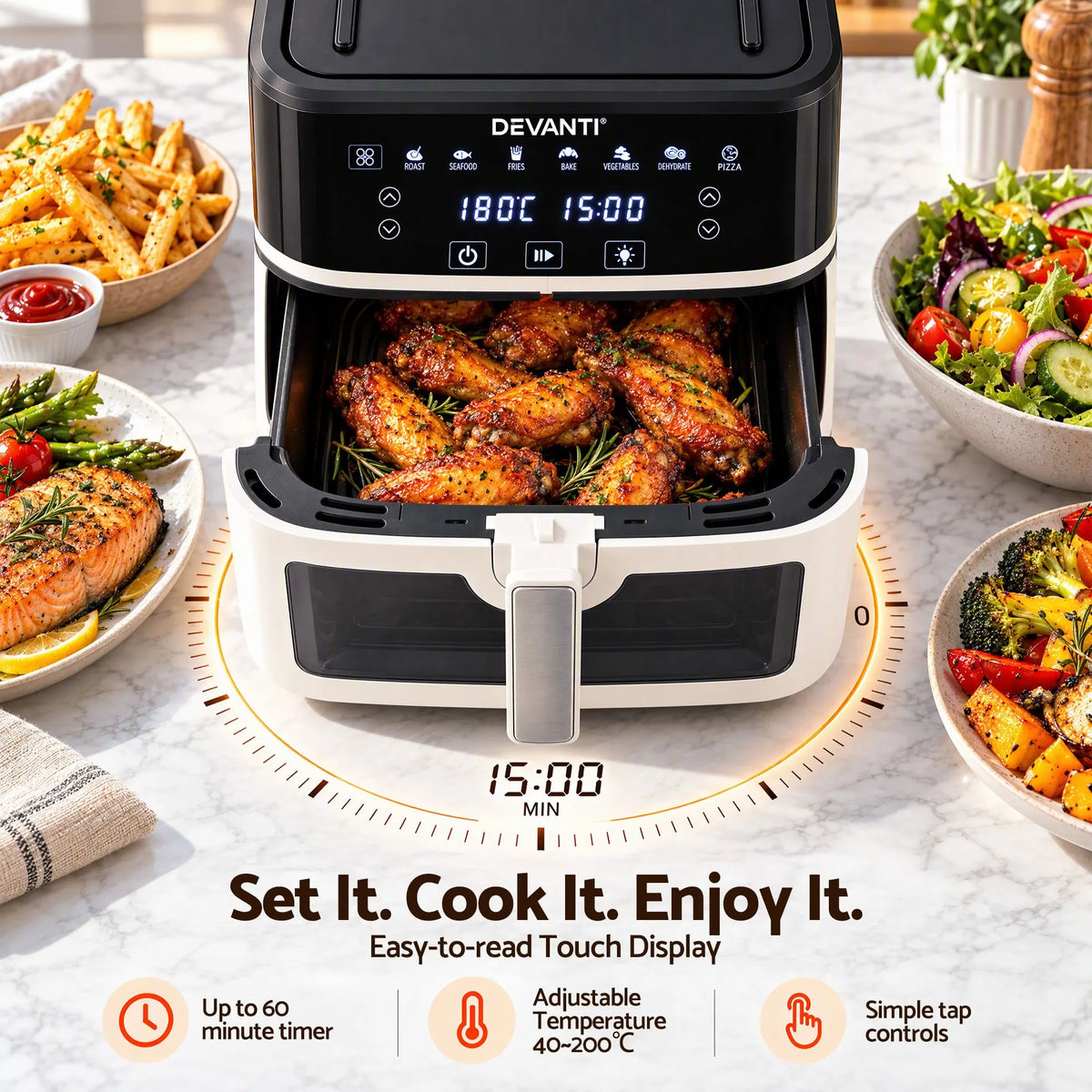 Devanti 8L Air Fryer BBQ Grill 2-in-1 Flip 1650W Touch Control Oil Free White - Image 7