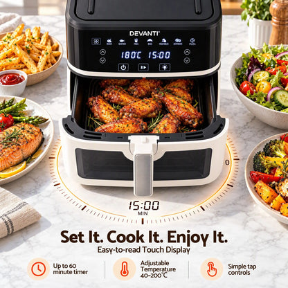 Devanti 8L Air Fryer BBQ Grill 2-in-1 Flip 1650W Touch Control Oil Free White - Image 7