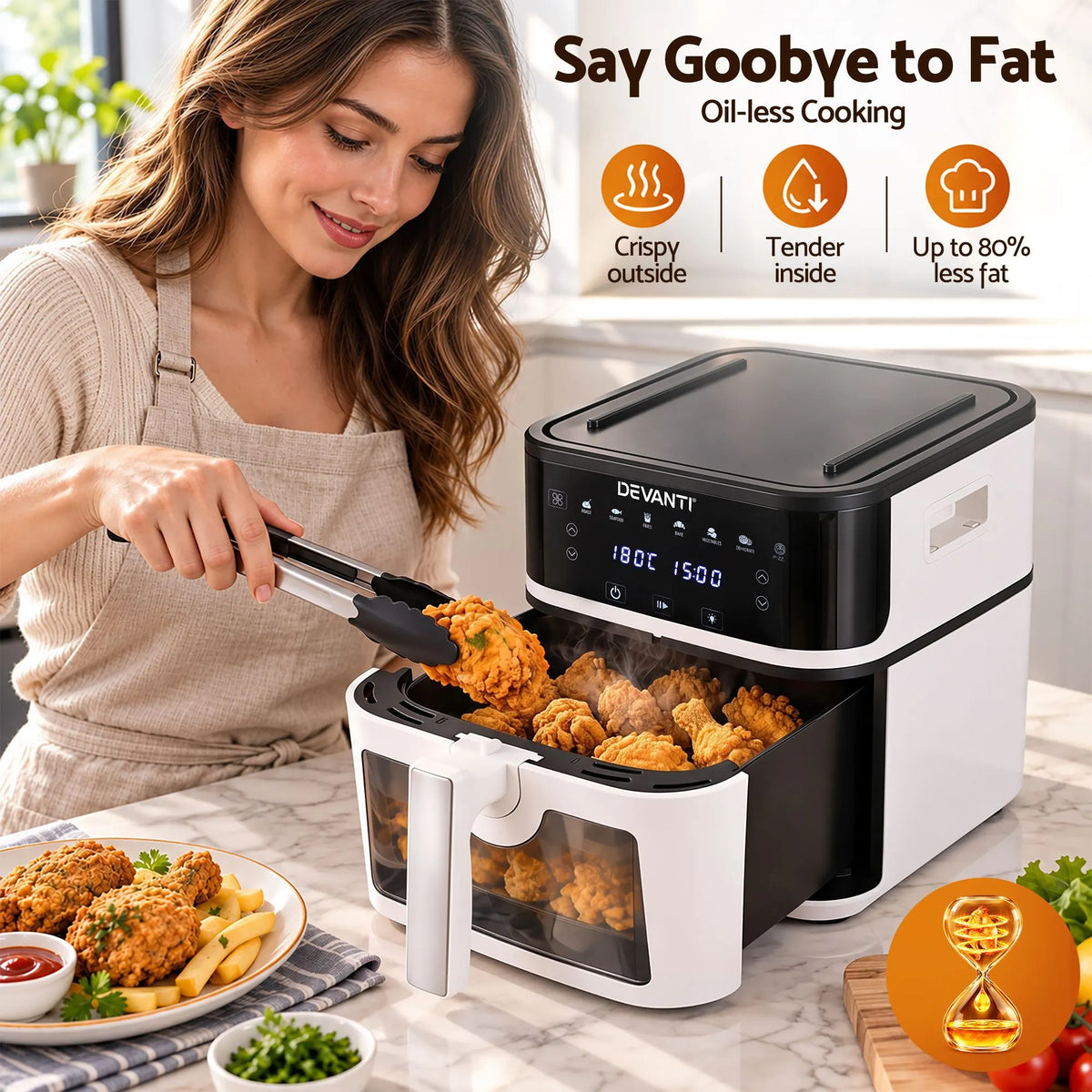 Devanti 8L Air Fryer BBQ Grill 2-in-1 Flip 1650W Touch Control Oil Free White - Image 8
