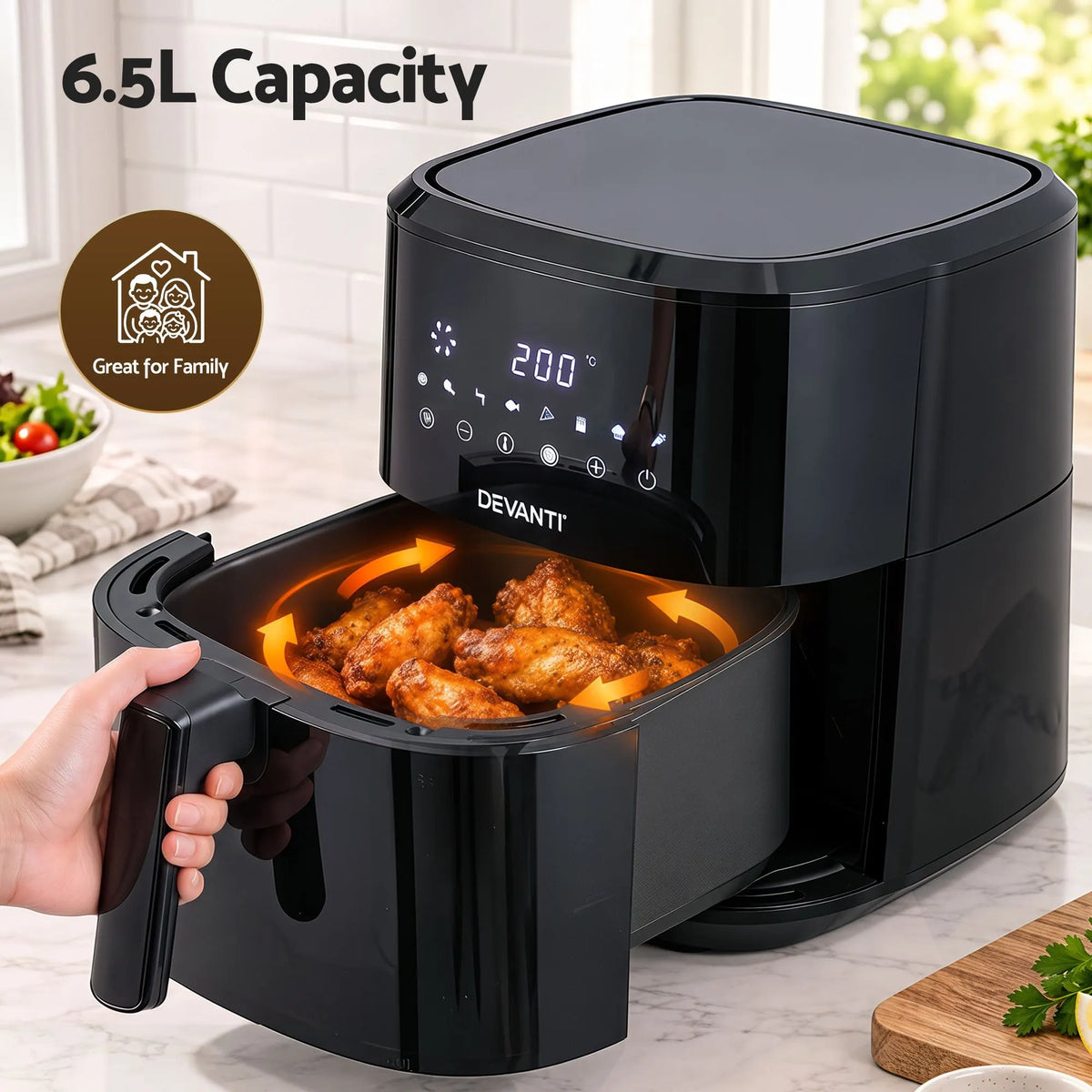Devanti Air Fryer 6.5L 1700W Digital Touch 8 Presets Non-Stick Basket Black - Image 4