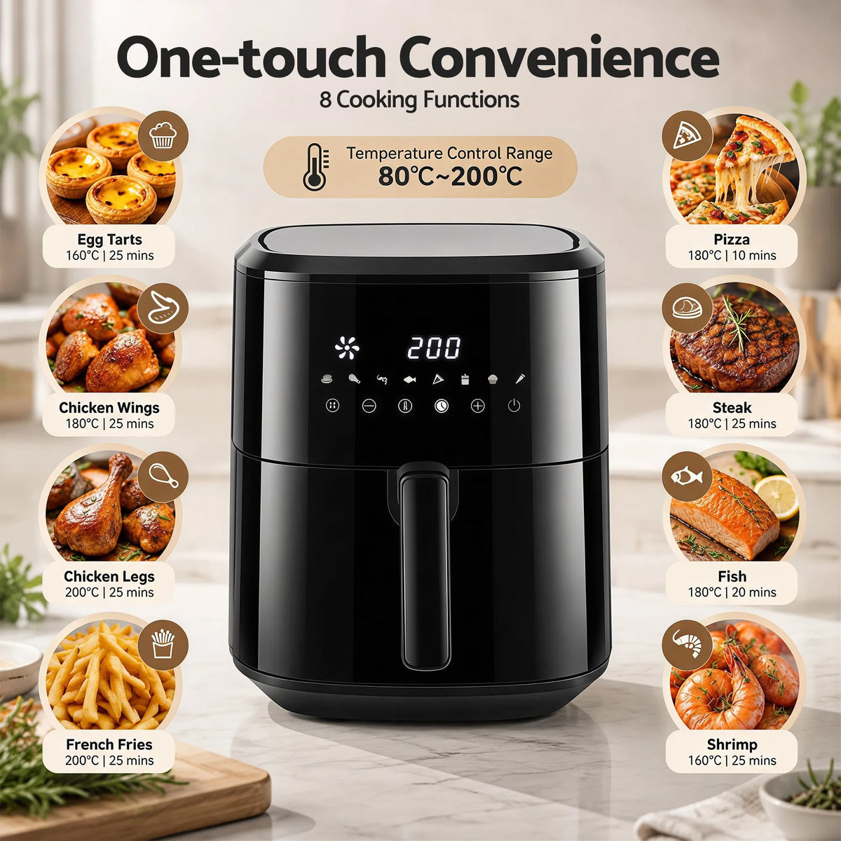 Devanti Air Fryer 6.5L 1700W Digital Touch 8 Presets Non-Stick Basket Black - Image 6
