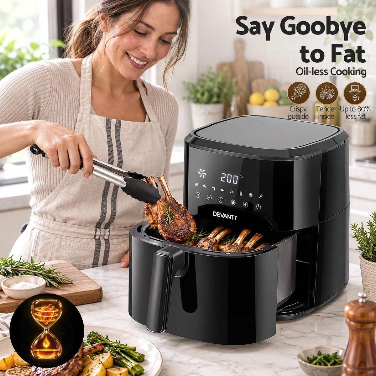 Devanti Air Fryer 6.5L 1700W Digital Touch 8 Presets Non-Stick Basket Black - Image 7