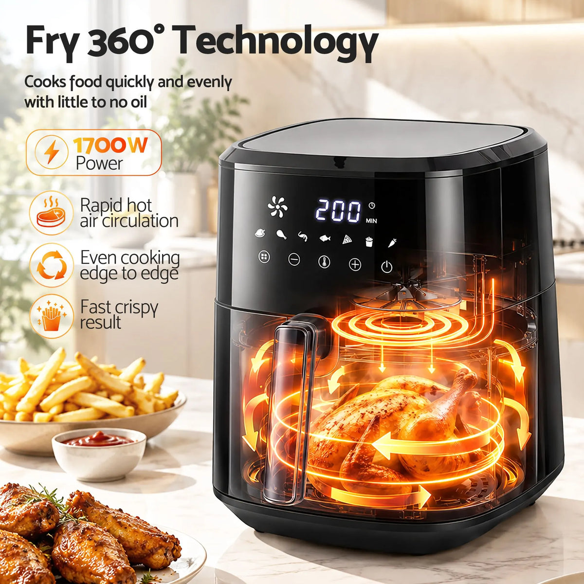 Devanti Air Fryer 6.5L 1700W Digital Touch 8 Presets Non-Stick Basket Black - Image 8