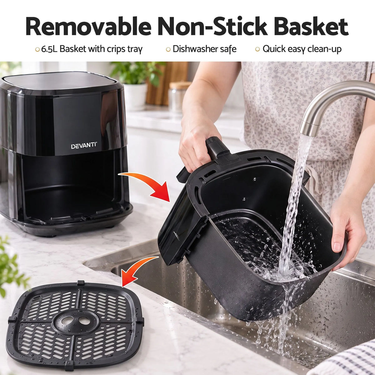 Devanti Air Fryer 6.5L 1700W Digital Touch 8 Presets Non-Stick Basket Black - Image 9