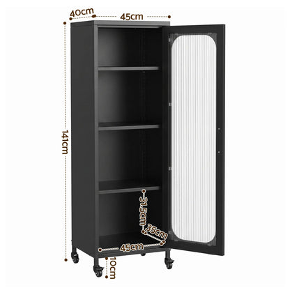 Artiss Buffet Cabinet Sideboard Slim Fluted Kitchen Storage Trolley Wheels Black - Image 3