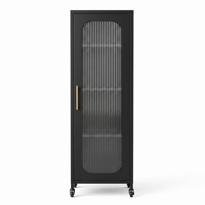 Artiss Buffet Cabinet Sideboard Slim Fluted Kitchen Storage Trolley Wheels Black - Image 4