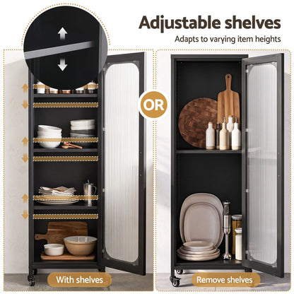 Artiss Buffet Cabinet Sideboard Slim Fluted Kitchen Storage Trolley Wheels Black - Image 7