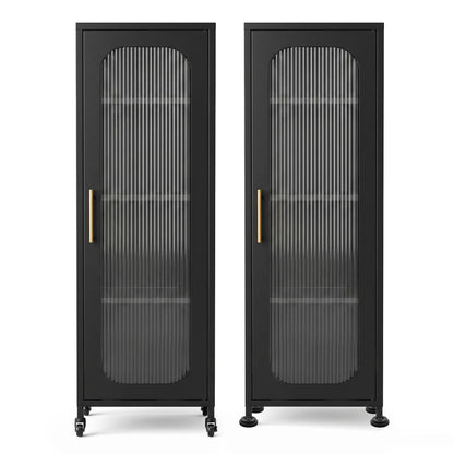 Artiss Buffet Cabinet Sideboard X2 Slim Kitchen Storage Trolley Wheels Black - Image 4