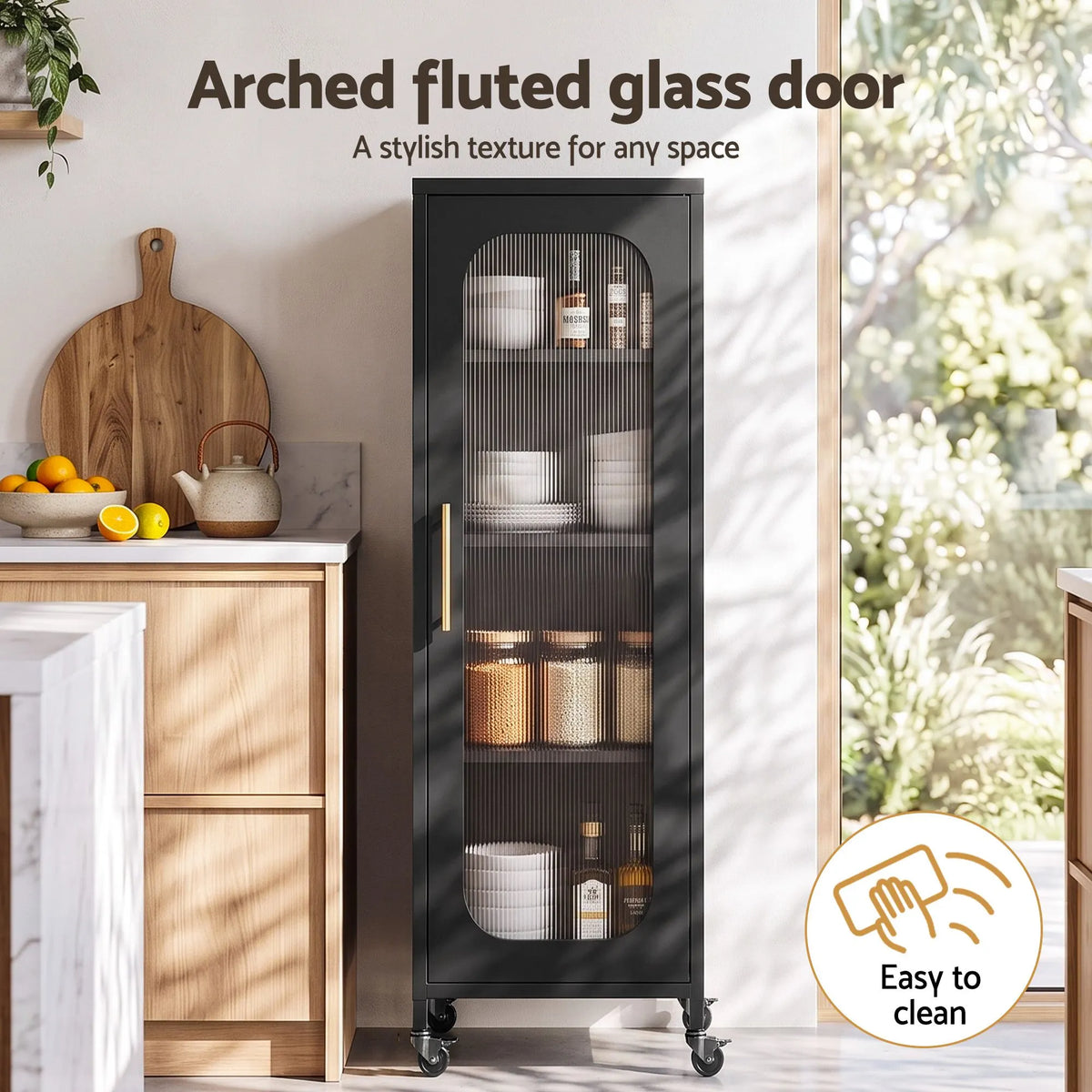 Artiss Buffet Cabinet Sideboard X2 Slim Kitchen Storage Trolley Wheels Black - Image 6