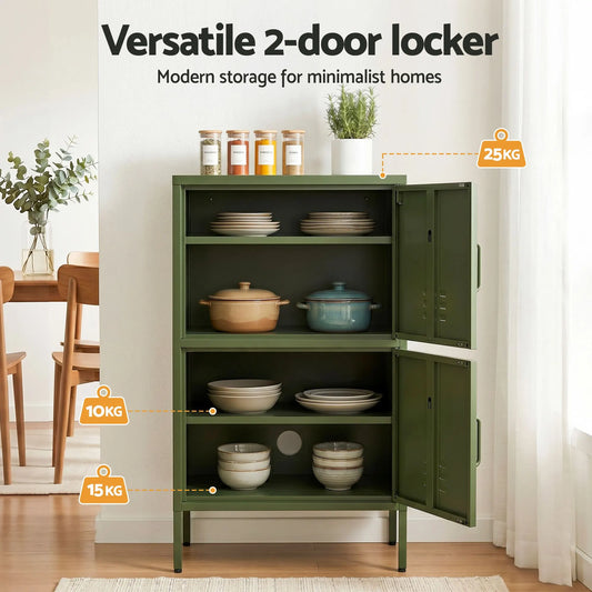 Artiss 2x Buffet Sideboard Cabinet Storage Cupboard 2 Doors Metal Green DOUBLE - Image 5