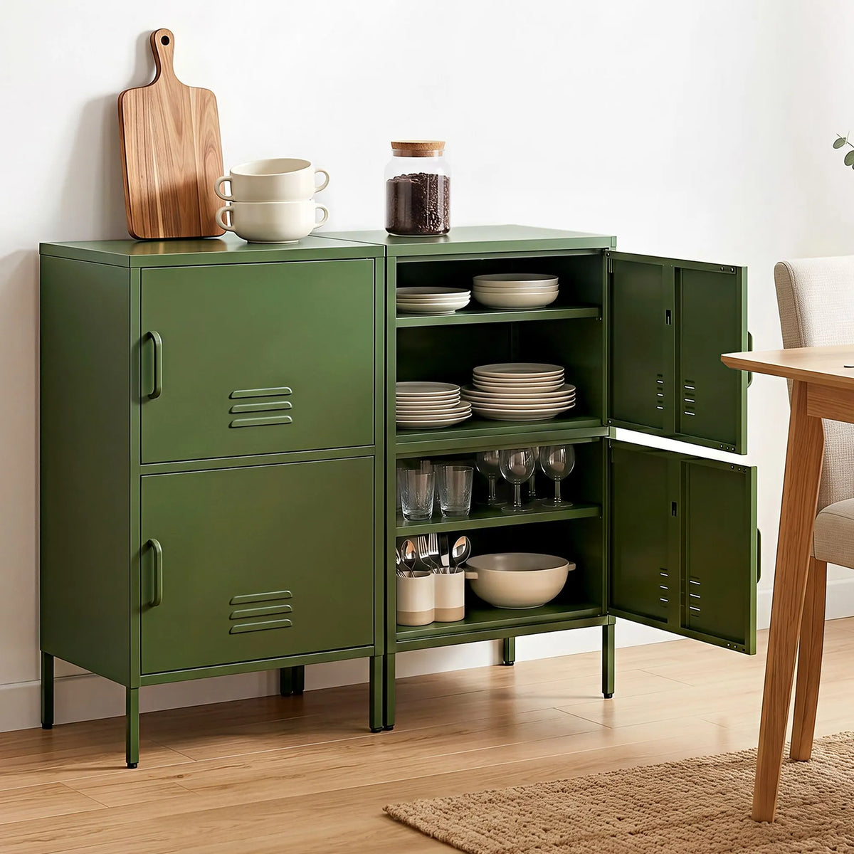Artiss 2x Buffet Sideboard Cabinet Storage Cupboard 2 Doors Metal Green DOUBLE - Image 9
