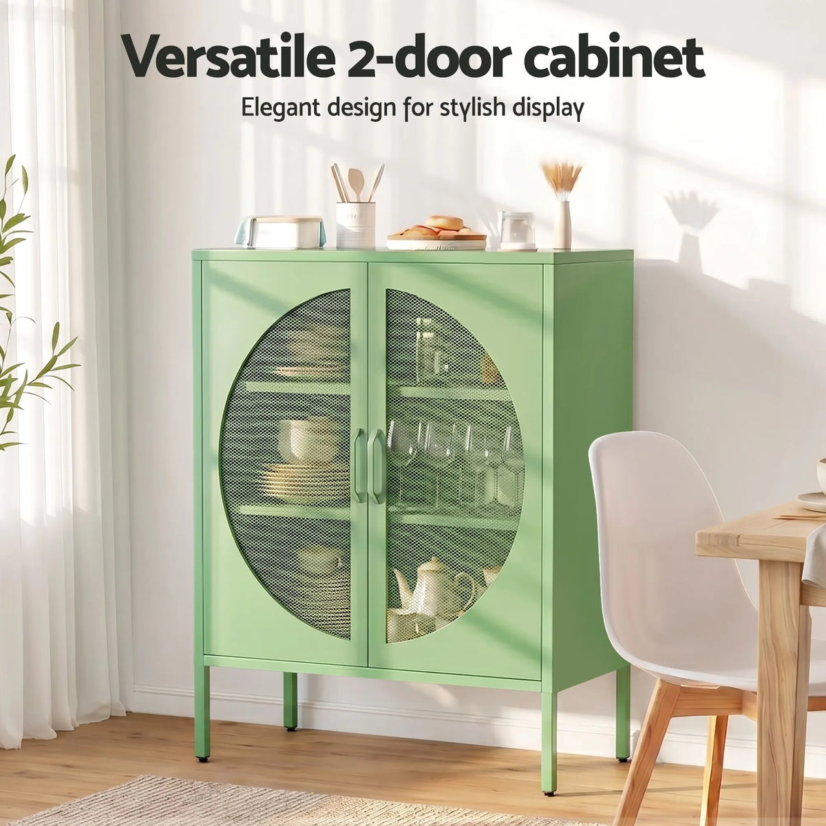 Artiss 2x Buffet Sideboard Cabinet ELSA Cupboard Storage Mesh Doors Metal Green - Image 5