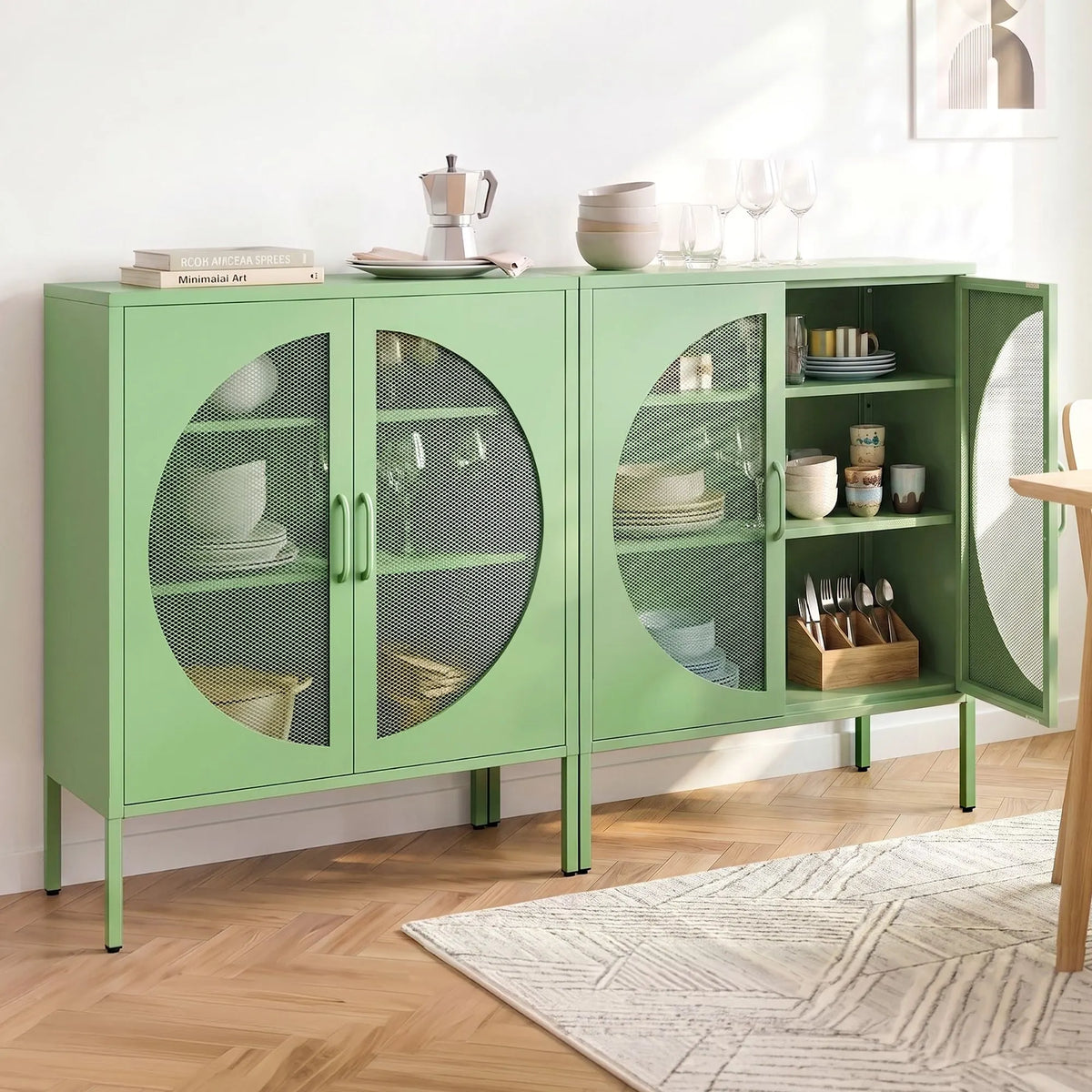 Artiss 2x Buffet Sideboard Cabinet ELSA Cupboard Storage Mesh Doors Metal Green - Image 9