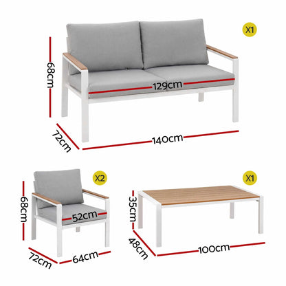 Gardeon 4-Piece Outdoor Sofa Set Aluminum Frame table and Chairs White - Image 3