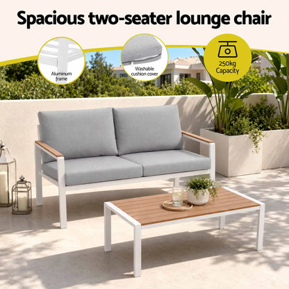 Gardeon 4-Piece Outdoor Sofa Set Aluminum Frame table and Chairs White - Image 5