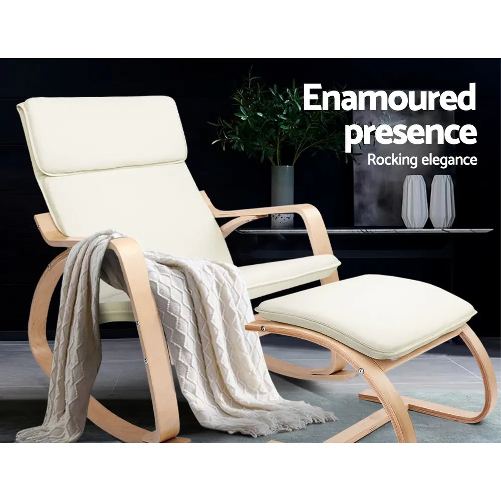 Artiss Rocking Armchair Footstool Bentwood Beige - Image 3