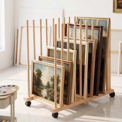 Artiss Art Drying & Storage Rack with Caster Wheels, Solid Wood Adjustable Slots Rack for Drawing Boards, Panels, Paintings, Artworks Display