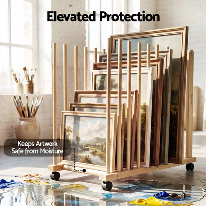 Artiss Art Drying & Storage Rack with Caster Wheels, Solid Wood Adjustable Slots Rack for Drawing Boards, Panels, Paintings, Artworks Display - Image 7