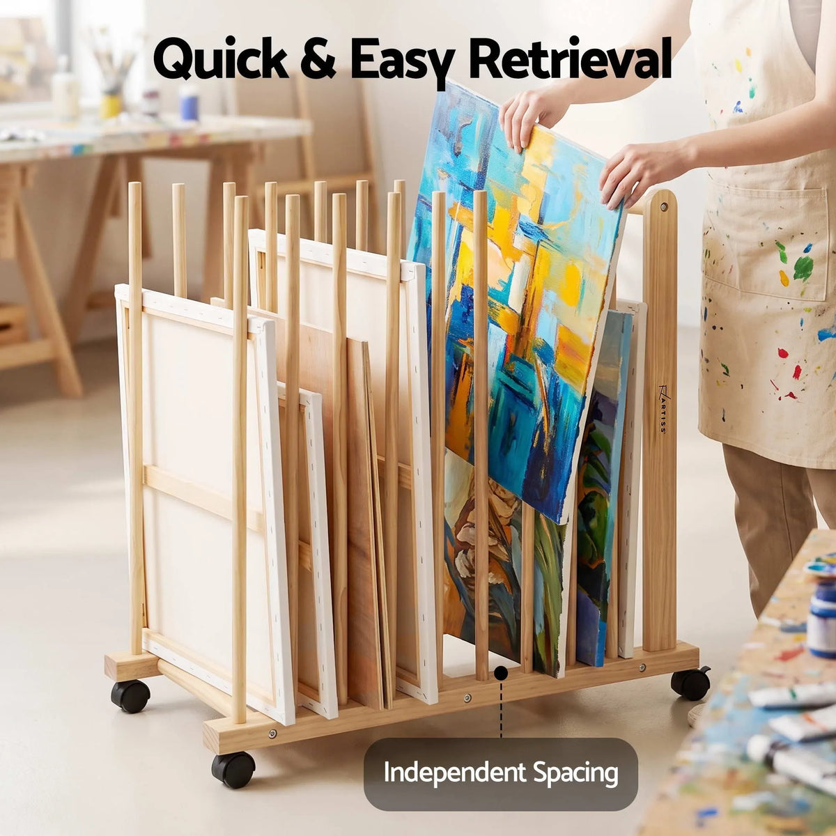 Artiss Art Drying & Storage Rack with Caster Wheels, Solid Wood Adjustable Slots Rack for Drawing Boards, Panels, Paintings, Artworks Display - Image 8
