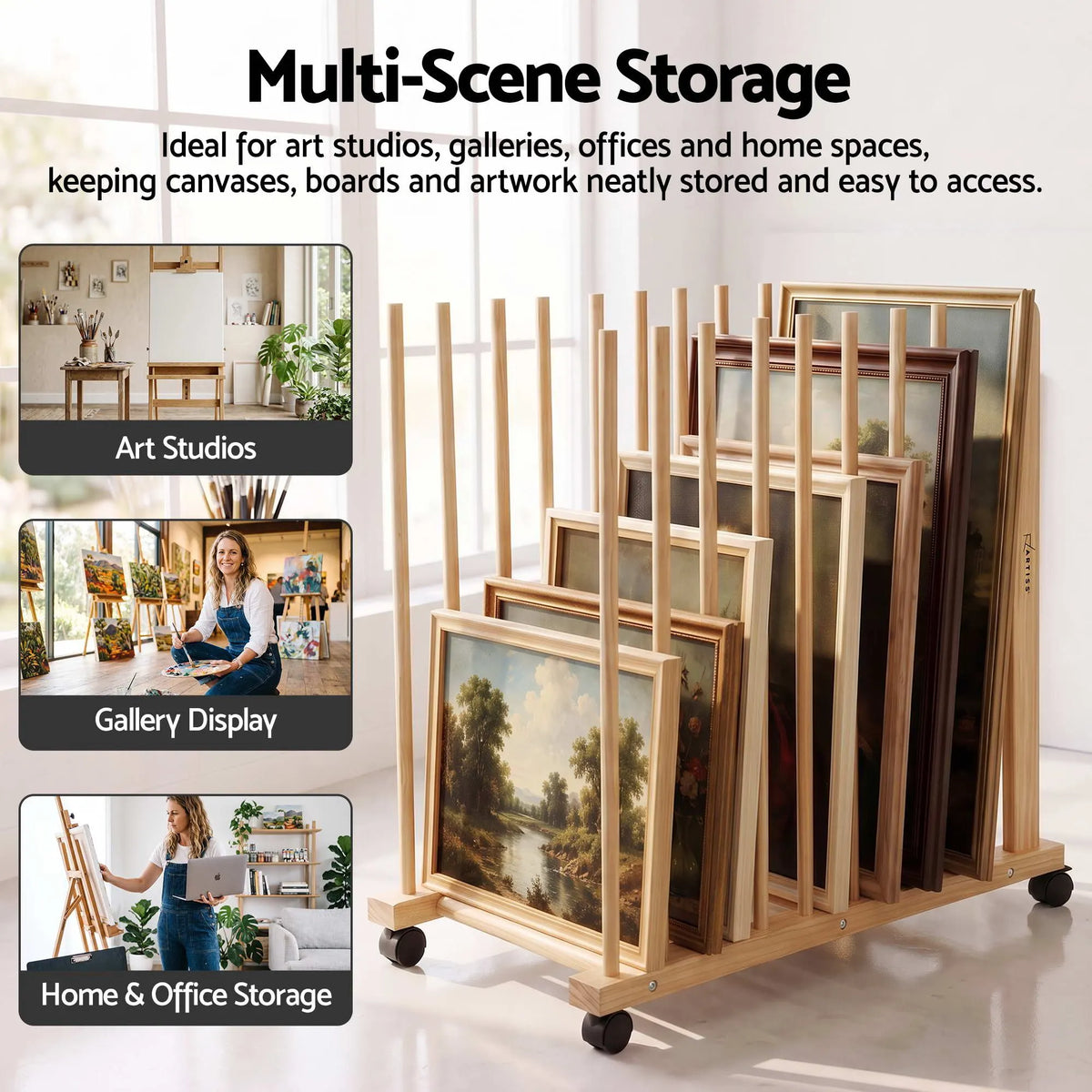 Artiss Art Drying & Storage Rack with Caster Wheels, Solid Wood Adjustable Slots Rack for Drawing Boards, Panels, Paintings, Artworks Display - Image 9