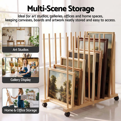 Artiss Art Drying & Storage Rack with Caster Wheels, Solid Wood Adjustable Slots Rack for Drawing Boards, Panels, Paintings, Artworks Display - Image 9