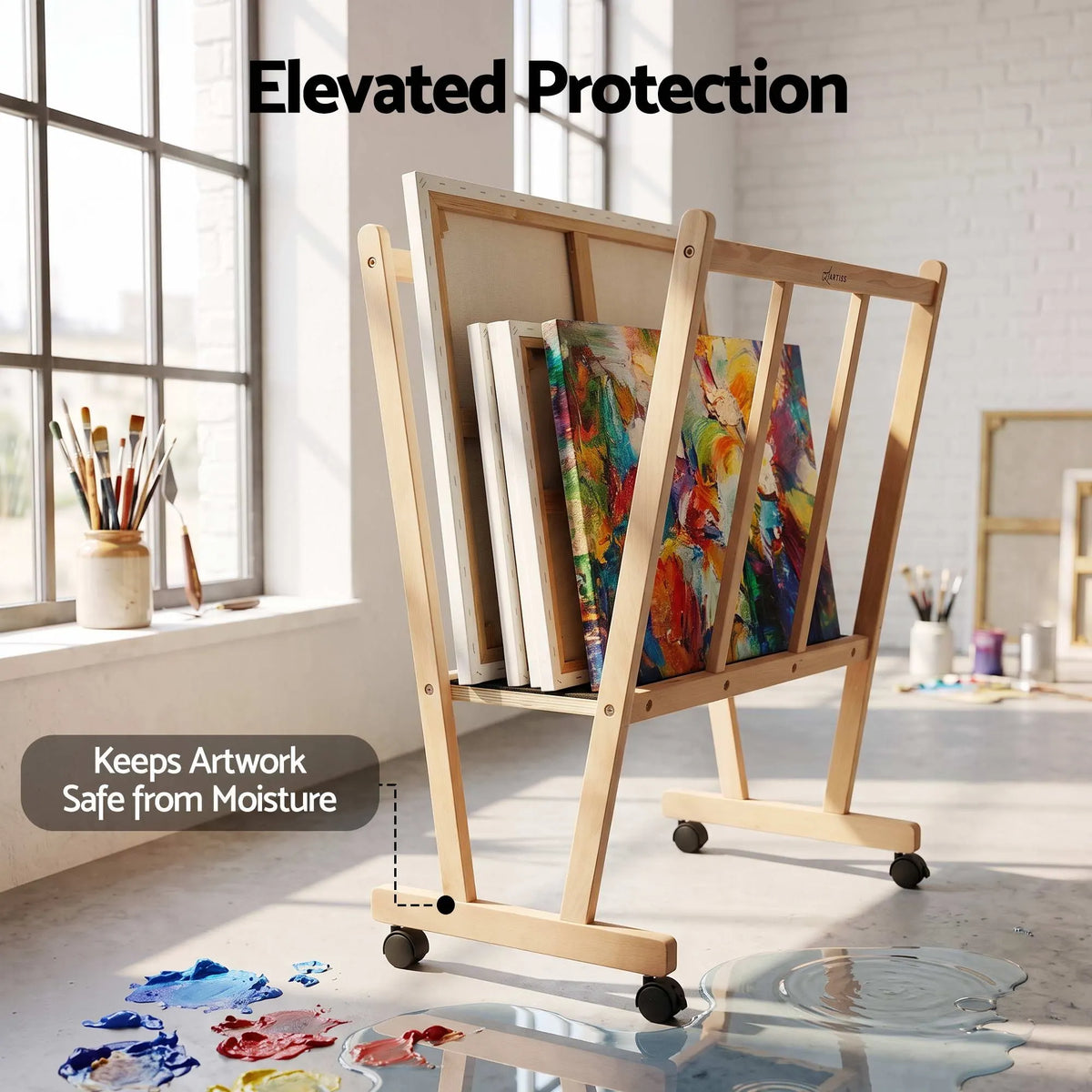 Artiss Art Display Wooden Print Rack with Castors-Canvas Drying & Storage Rack for Panels, Posters, Art Shows & Galleries  - Image 7