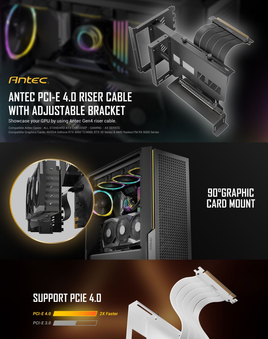 (LS)Antec Adjustable Vertical PCI Bracket and PCI-E 4.0 Cable Kit (200mm) White. Universal. Premi...