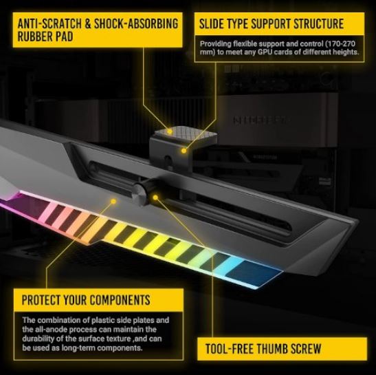 Antec GPU Bracket Dagger Black ARGB 5V 3-Pin.  5 holes. Horizontal Mount GPU 170-270mm. universal... - Image 2